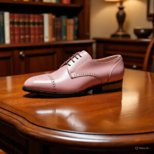 Pink leather shoe on wooden table